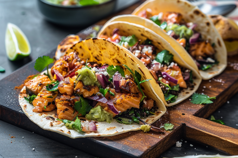 Salmon Tacos with Avocado Crema